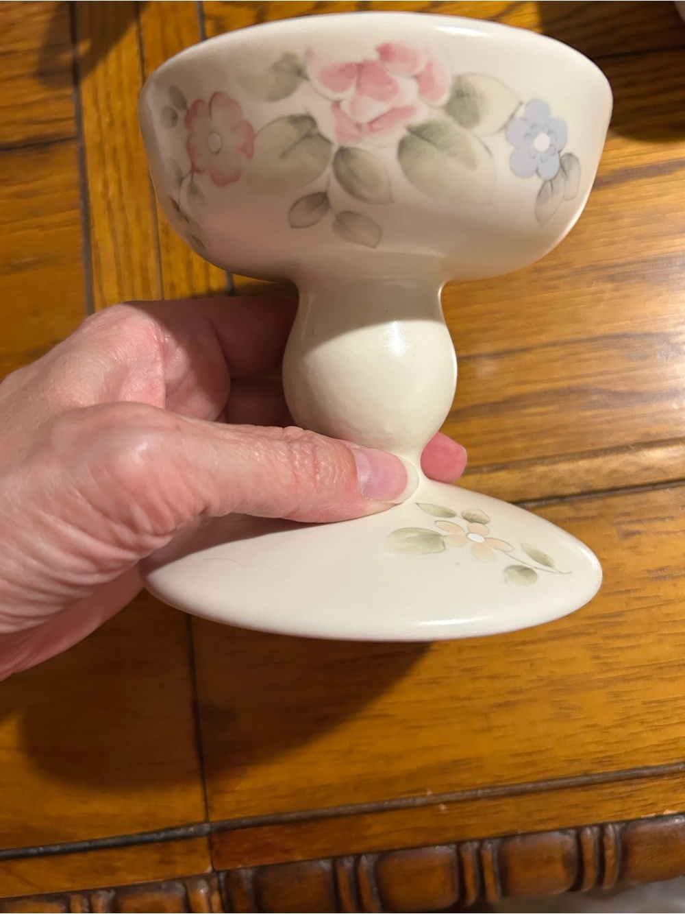 Pfaltzgraff Tea Rose Cream Pedestal with Pink & Blue Floral Pattern